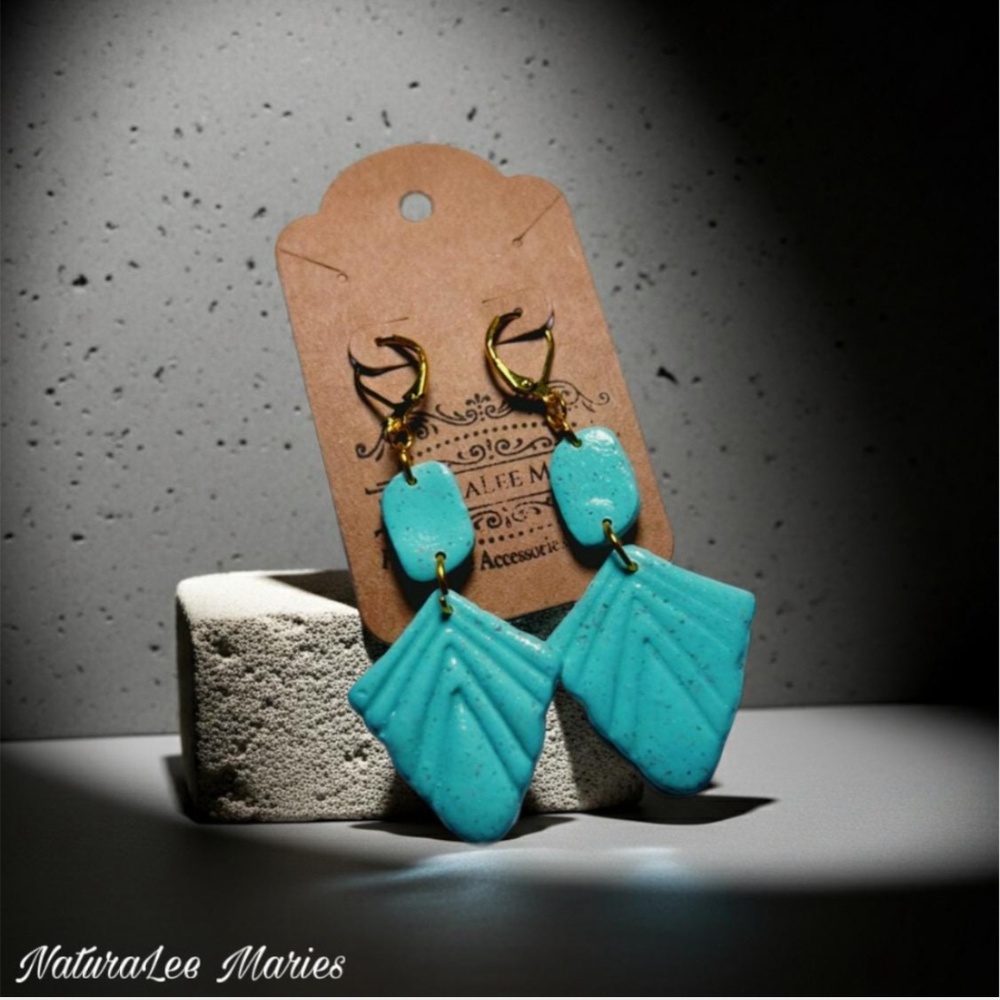 Pale Turquoise Stone Art Deco Sunburst Irregular Double Drop and Dangle Earrings